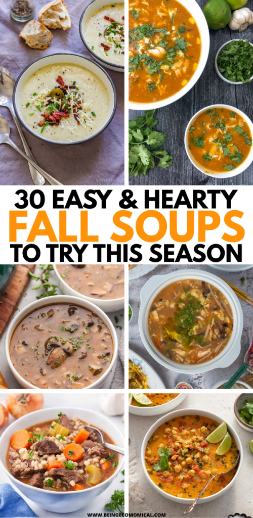 Collage of seasonal fall soups including creamy chowders, brothy vegetable soups, and protein-packed chili recipes