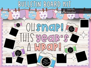 Camera themed classroom decoration kit with photo display clips for end of year bulletin board or door