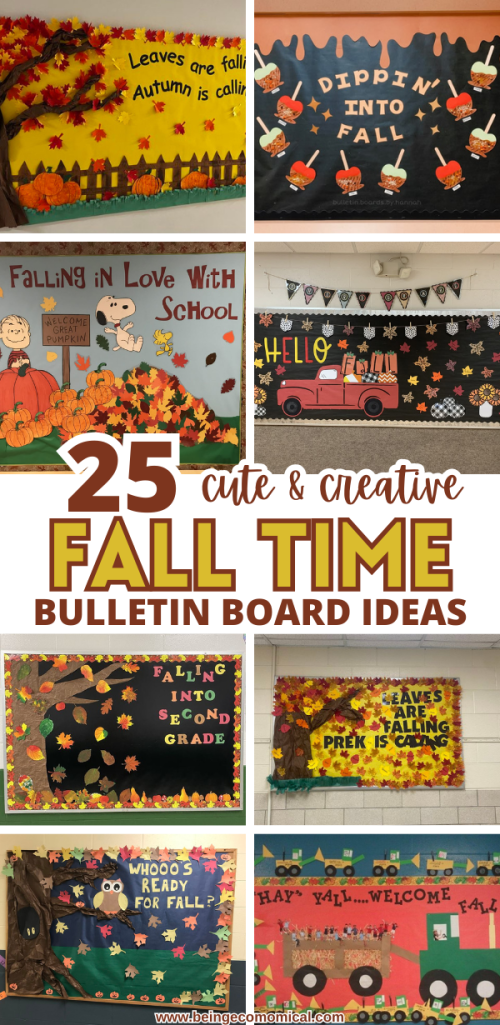 Pinterest pin featuring easy and festive fall bulletin board ideas with colorful leaves, pumpkins and seasonal classroom decorations.