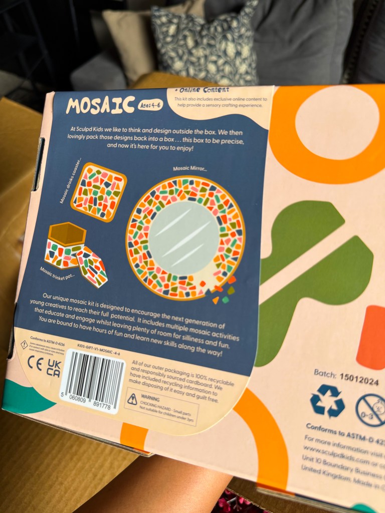Back of the Mosaic craft kit showing colorful mosaic projects for young children.