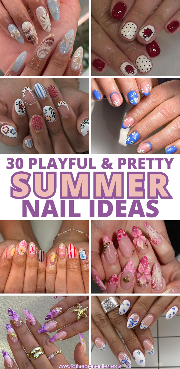 Eight different hands showing colorful and artistic summer nail designs
