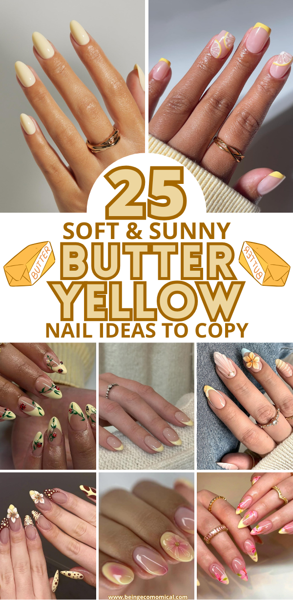 Collage of soft and sunny butter yellow nail designs including solid, floral, lemon, French tip, and 3D flower styles