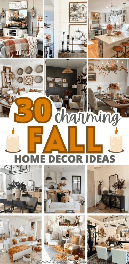 A collage of cozy and inviting autumn home decor ideas featuring warm tones, seasonal accents like pumpkins and foliage, and stylish interior arrangements.