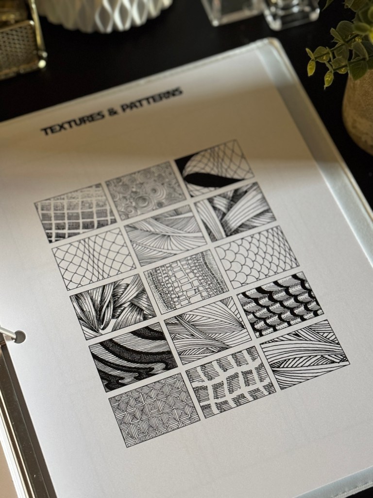 A page titled 'Textures & Patterns' featuring various intricate ink drawings showcasing different textures and patterns in a grid layout.
