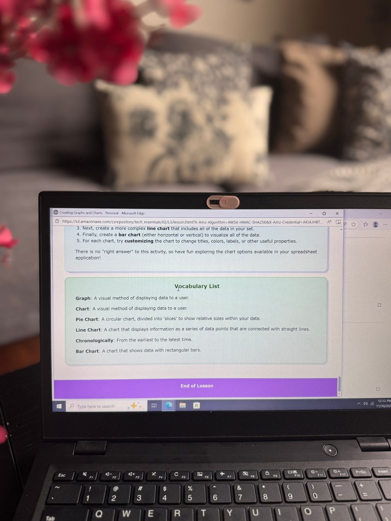 Close-up of a laptop screen displaying a lesson on creating graphs and charts, with a vocabulary list explaining graph types like pie charts, line charts, and bar charts.