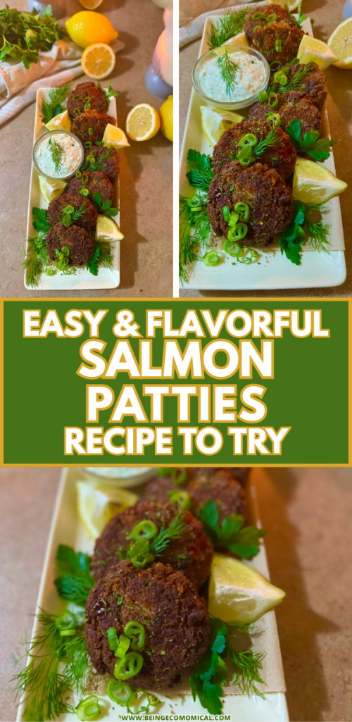 A delicious plate of salmon patties garnished with green onions and dill, served with lemon wedges and a small bowl of dipping sauce, alongside fresh lemons and herbs.