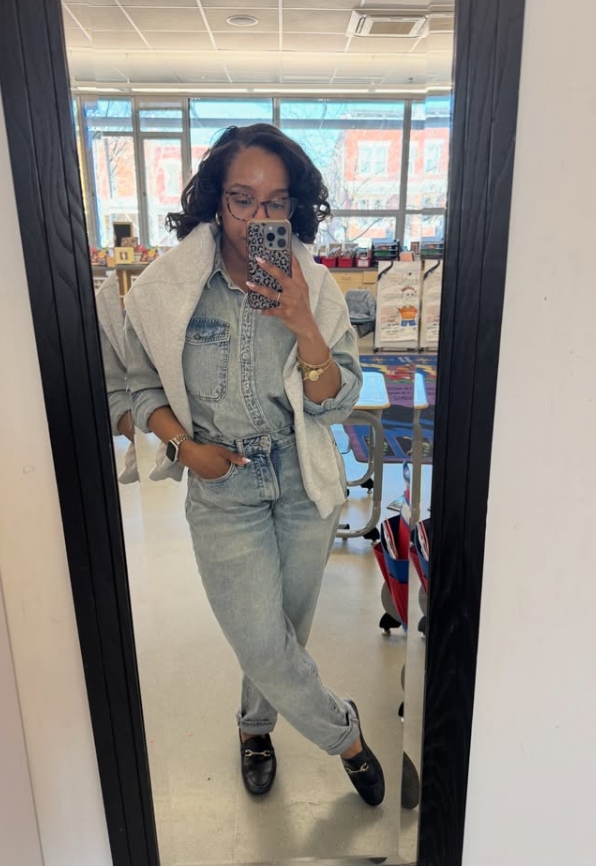 casual teacher outfit with denim shirt and layered sweater