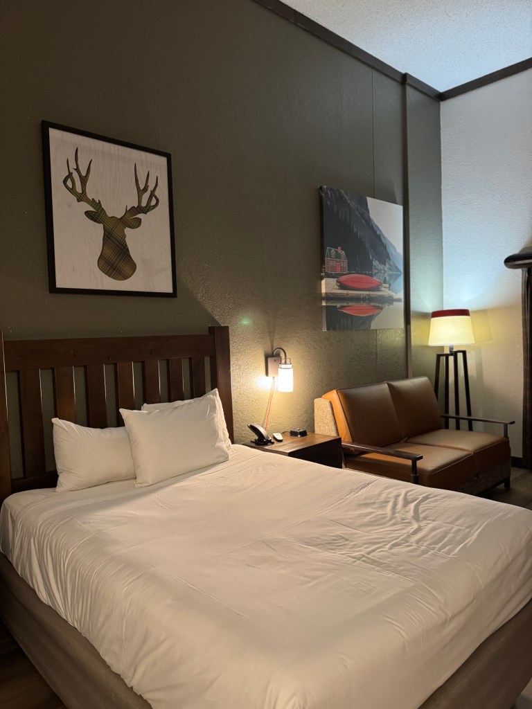 A cozy hotel room featuring a queen bed with white linens, a wooden headboard, and a plush sofa chair in a corner. The walls are decorated with nature-themed artwork.
