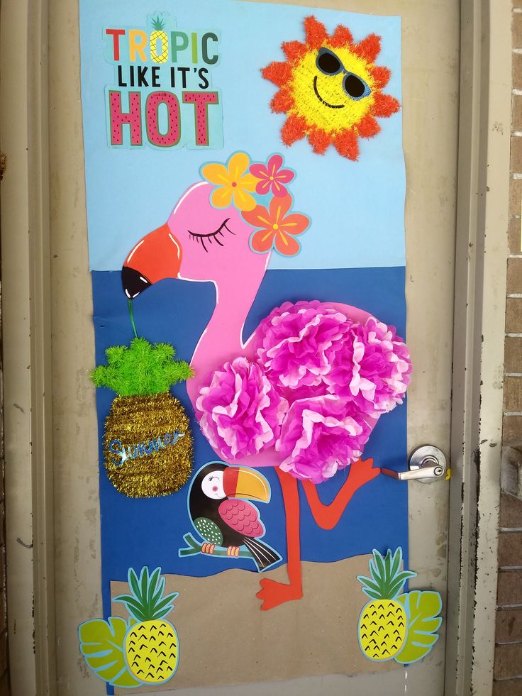 tropic like it's hot classroom door with flamingo and tropical theme