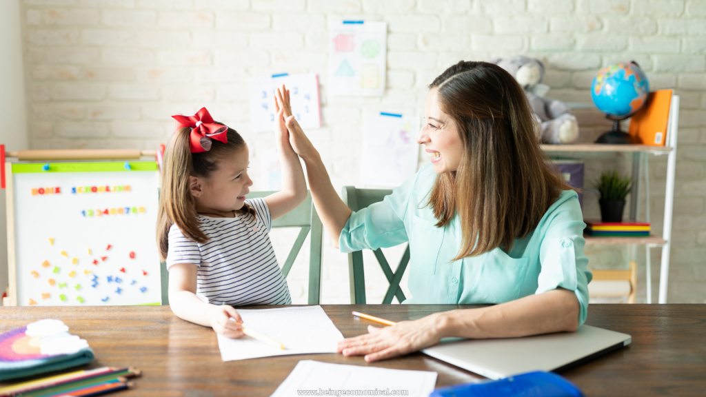 Parent and preschooler learning together at home during a homeschool preschool lesson.