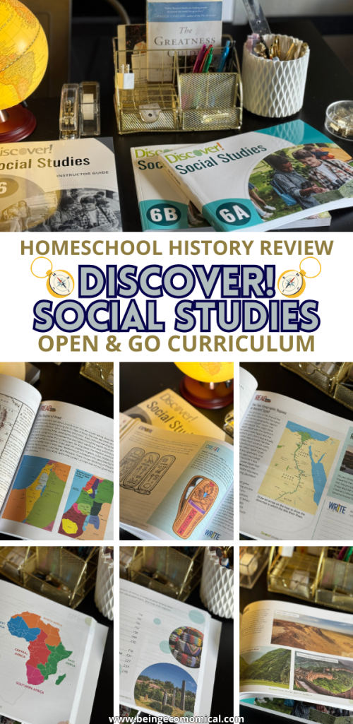 A workspace featuring a globe, books, and teaching materials, showcasing the 'Discover! Social Studies' curriculum for homeschooling.