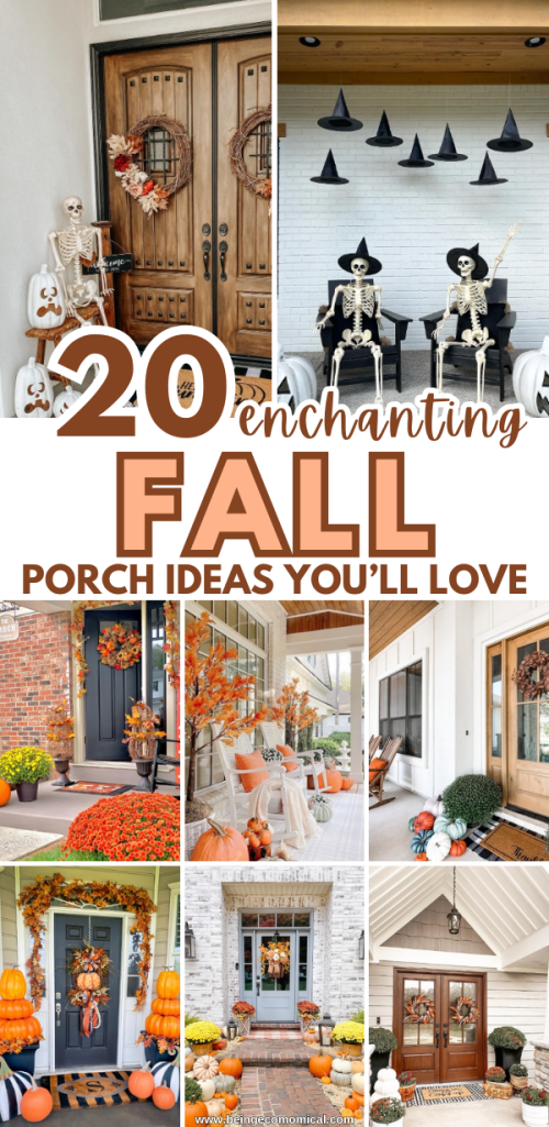 A collage of fall porch decorations featuring skeletons, pumpkins, and festive wreaths, showcasing various cozy autumnal designs.