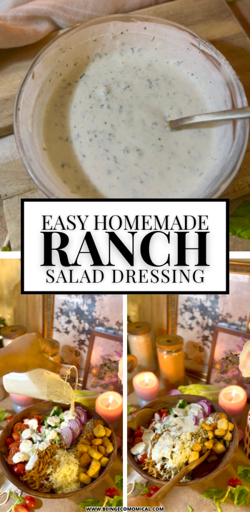 A bowl of creamy ranch salad dressing with herbs, surrounded by a glass jar and utensils, with a focus on easy homemade preparation.