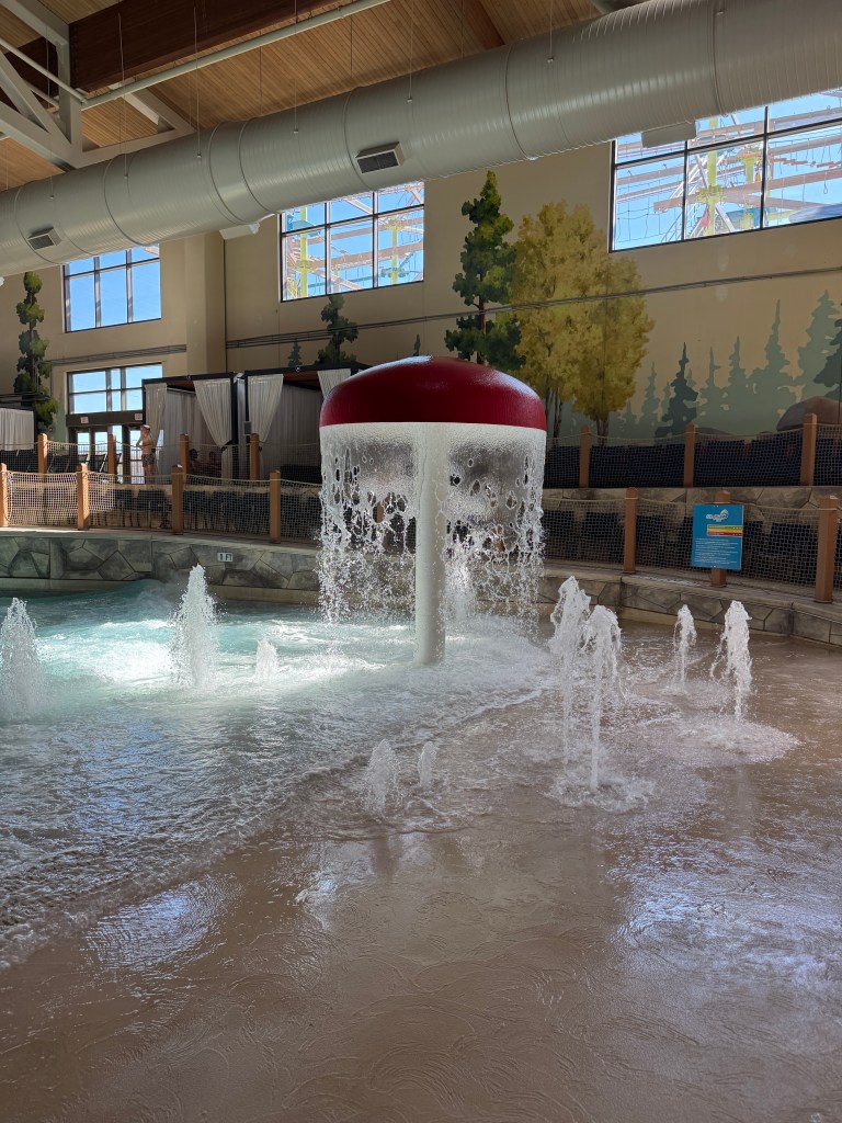 Indoor water park feature with water splashes and decorative elements at Great Wolf Lodge.