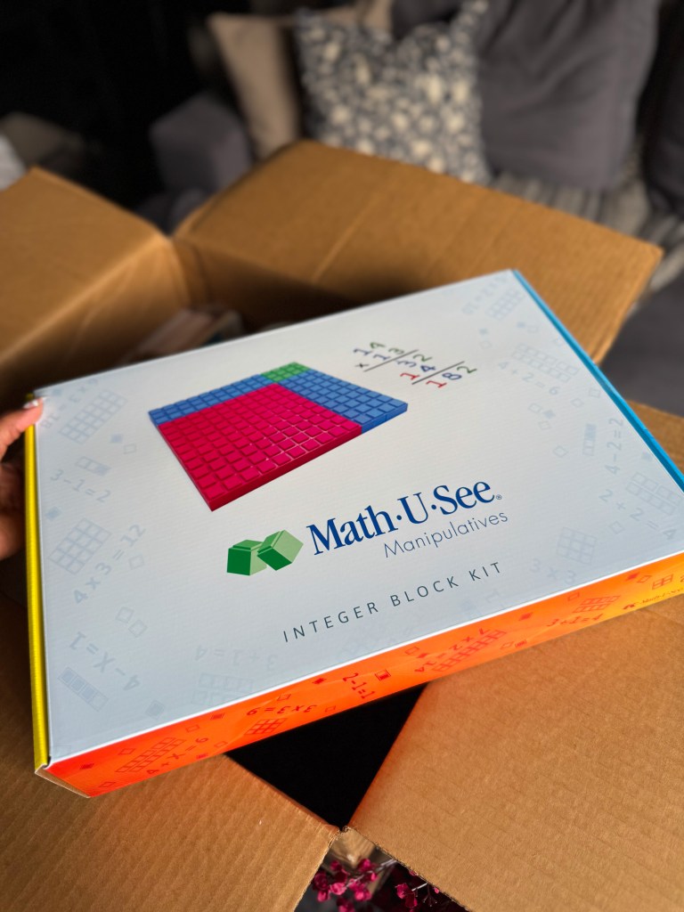Math-U-See manipulatives box used with Primer kindergarten homeschool math curriculum.