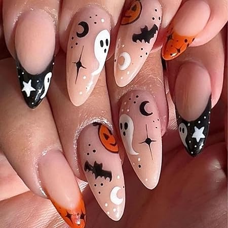 Nail design featuring a mix of Halloween motifs including ghosts, bats, pumpkins, and moons on a nude base with black and orange accents.