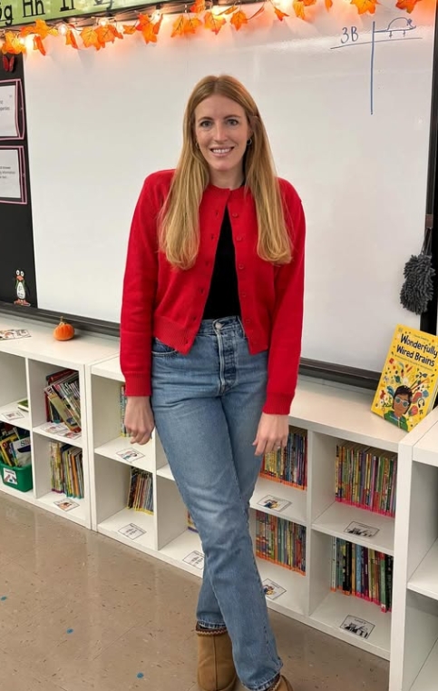 spring teacher outfit with red cardigan and jeans