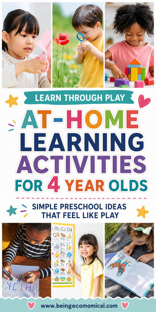 Pinterest pin featuring screen-free activities for 4 year olds with hands-on preschool learning ideas for home.