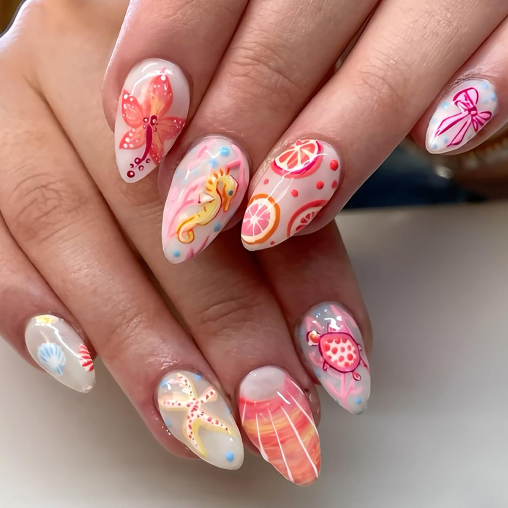 Colorful seahorse ocean nails with citrus fruit art, seashell accents, and tropical summer nail colors