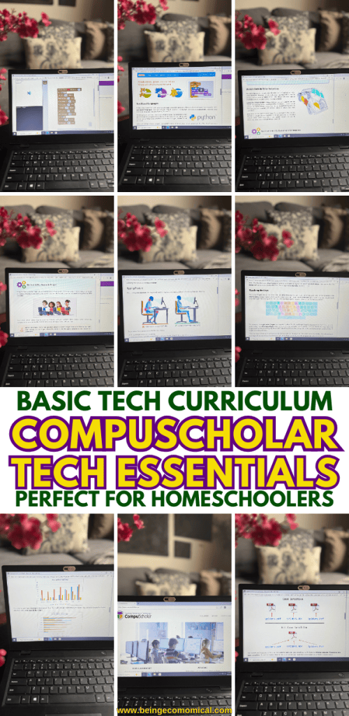 A collage of laptop screens displaying lessons from CompuScholar's Tech Essentials course, featuring coding graphics, online research topics, and multimedia projects, all set in a cozy living room environment with decorative flowers in the background.