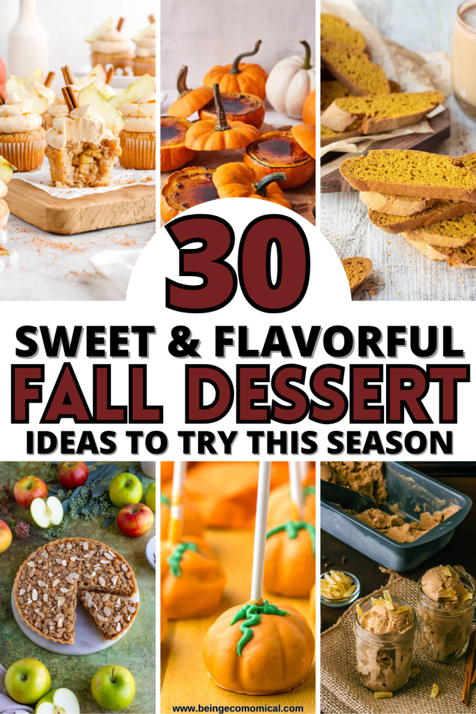 A collage of fall desserts including cupcakes, pumpkin treats, apple pie, and caramel desserts, showcasing a variety of sweet flavors and seasonal ingredients.
