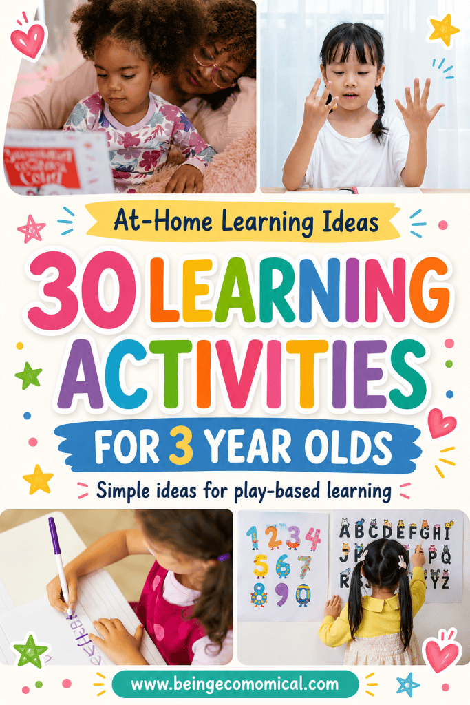 Pinterest graphic featuring 30 learning activities for 3-year-olds at home including reading, counting, writing and letters