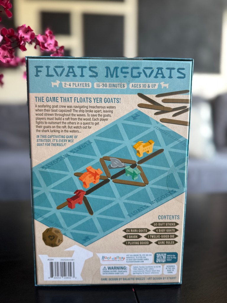 The back of the board game box for 'Floats McGoats,' featuring game description, player information, and components like goats and raft sticks.