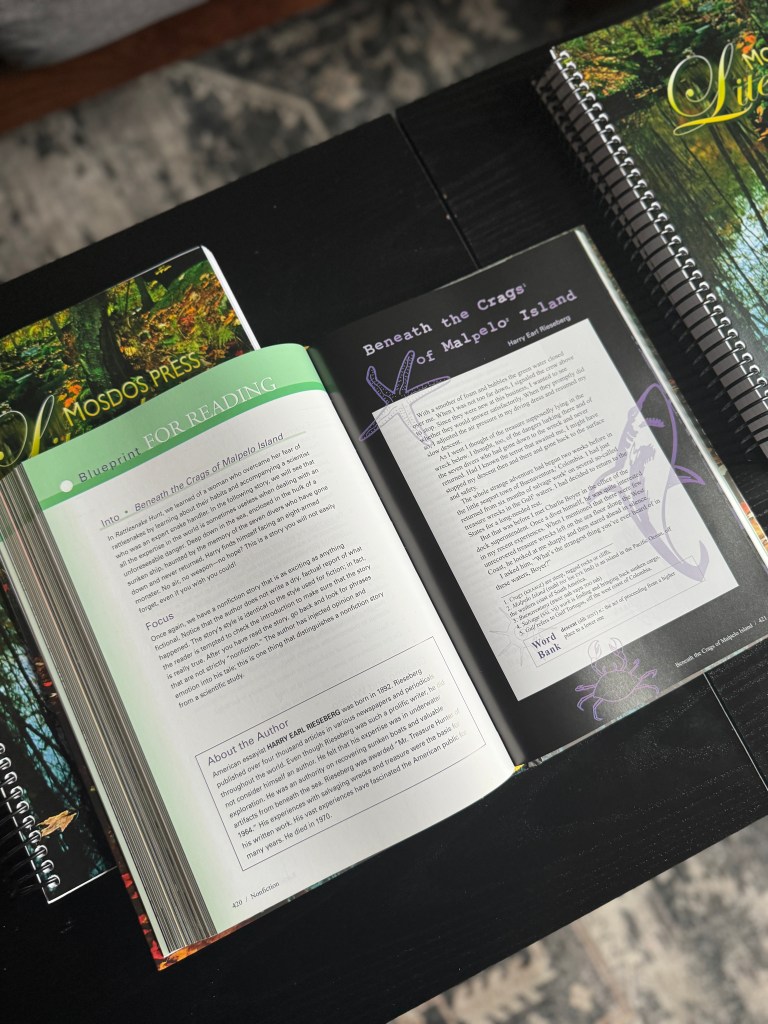 Open book pages showcasing literature components from Mosdos Press, including sections for reading guidance, author bio, and vocabulary word bank.