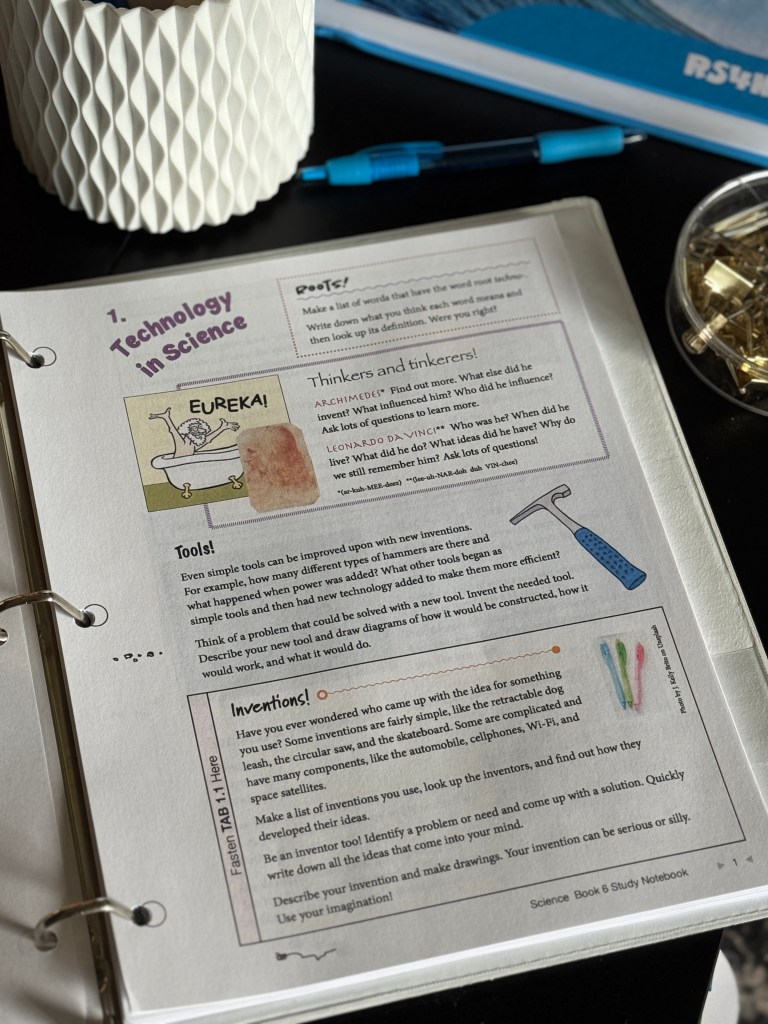 A close-up view of a study notebook page from 'Real Science 4 Kids Book 6' showcasing a section titled 'Technology in Science,' featuring prompts about inventions, tools, and notable inventors. The page includes colorful illustrations and text encouraging creative thinking and problem-solving.