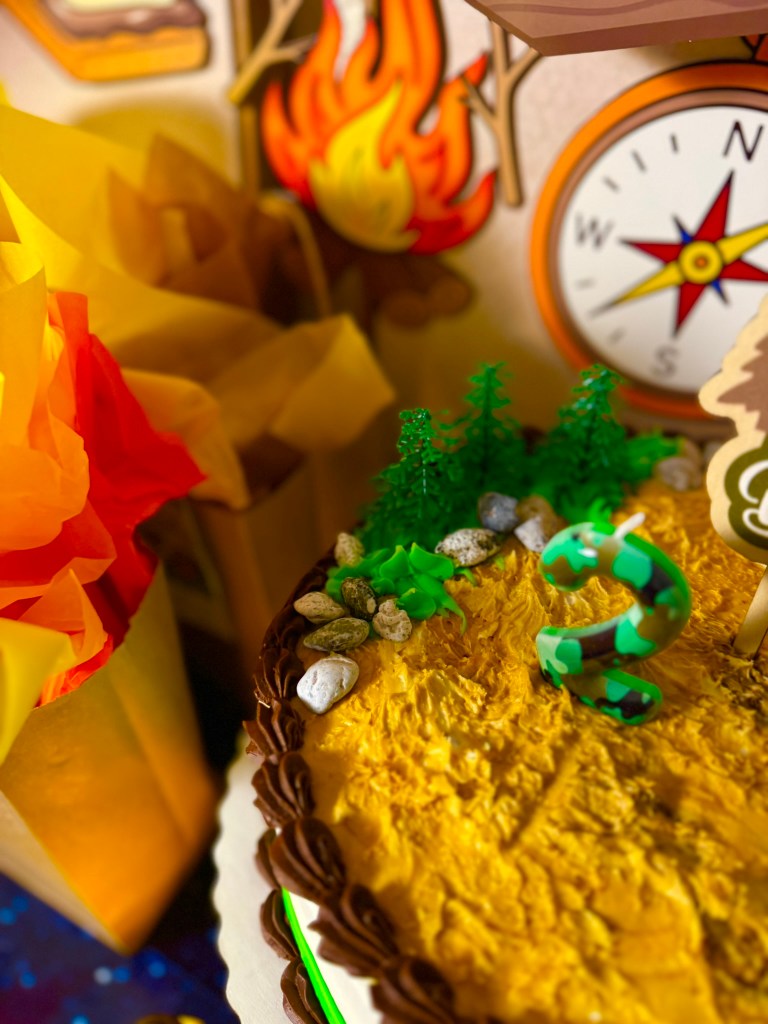 Camping birthday cake for a second birthday party with woodland decorations and campfire-inspired details.