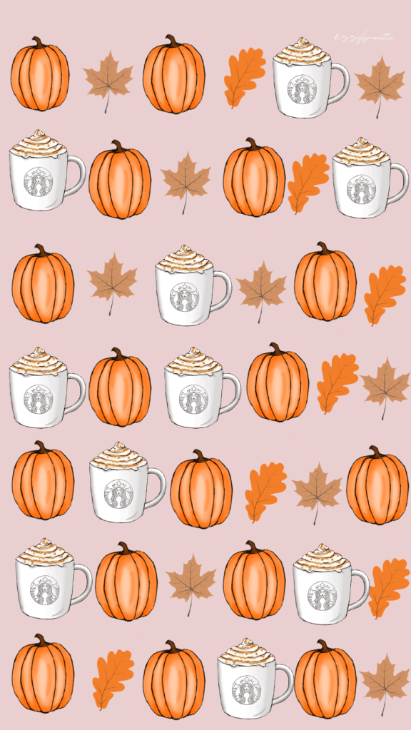 A colorful fall-themed pattern featuring pumpkins, coffee mugs topped with whipped cream, and autumn leaves on a pink background.