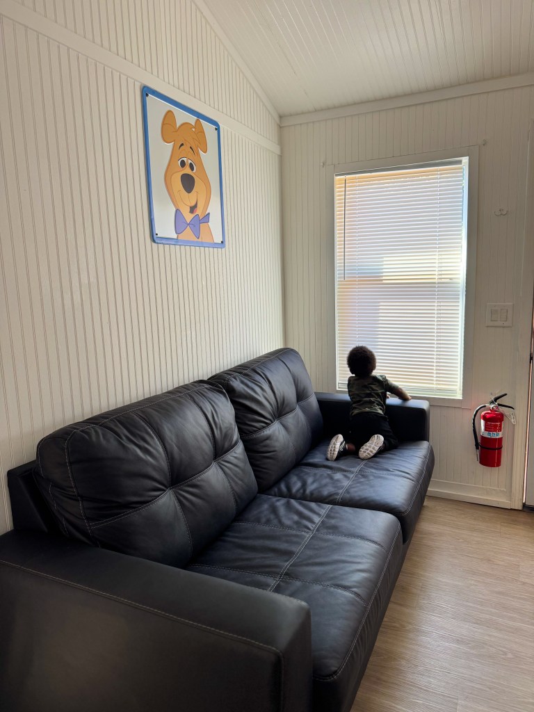 Living room with black sofa inside a Jellystone Park Pigeon Forge cabin