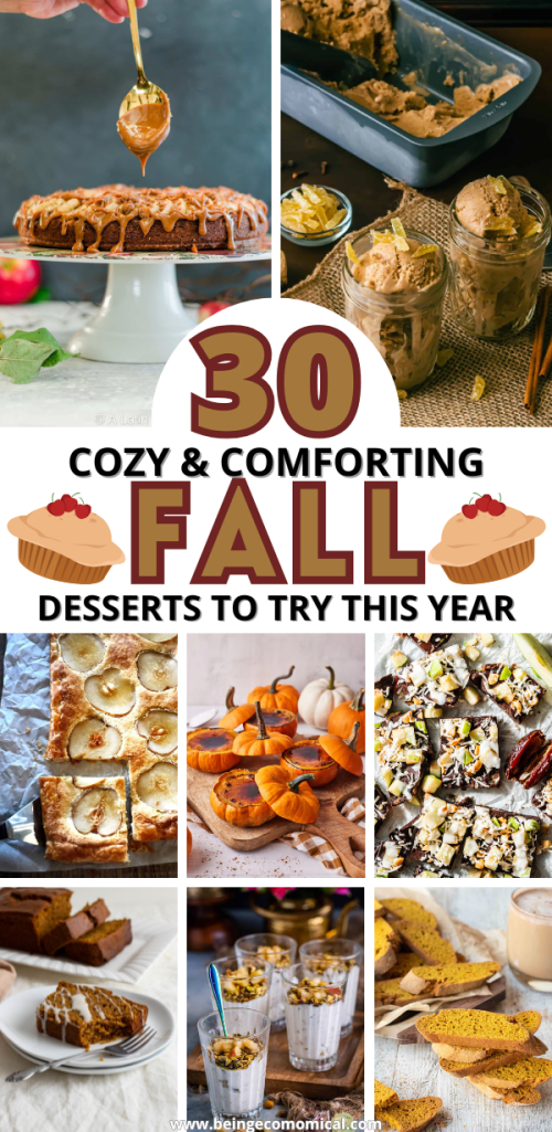 A collage of various fall desserts including a cake with caramel drizzle, pumpkin treats, blondies, and desserts presented in jars, all suggesting cozy autumn flavors.