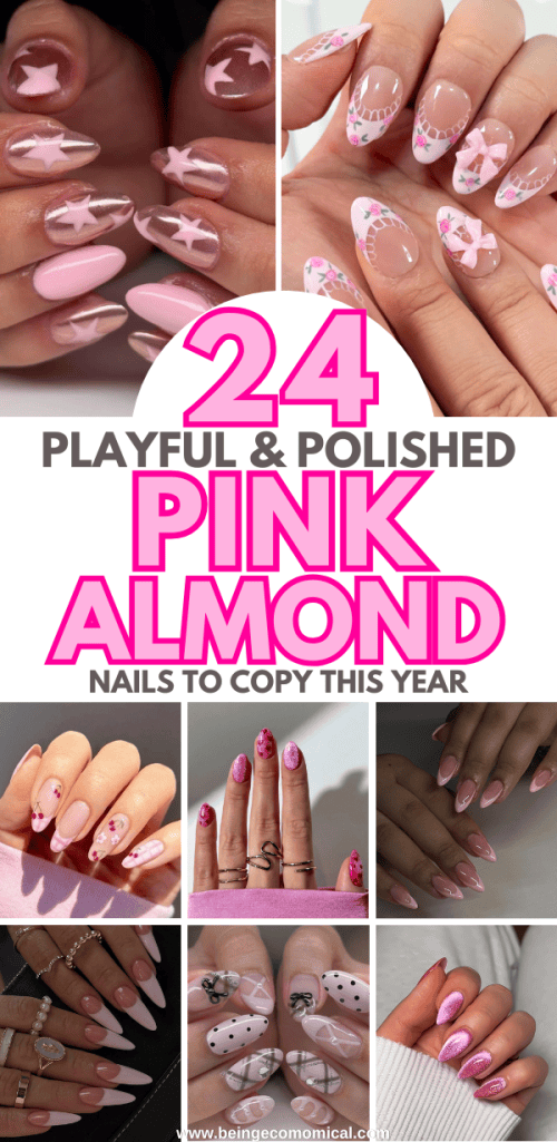 A collage displaying 24 pink almond-shaped nail designs showcasing various playful patterns and styles, including stars, polka dots, and floral accents.