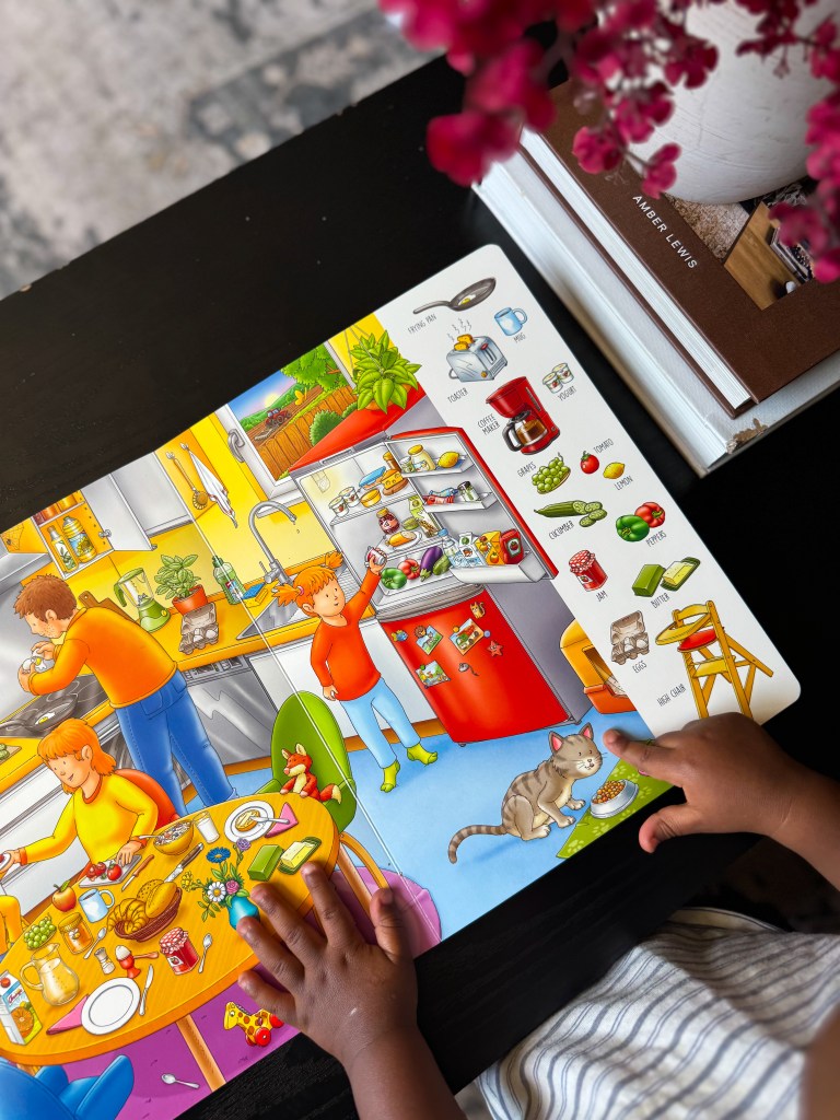 Seek and find book for kindergarten homeschool with illustrated vocabulary scene