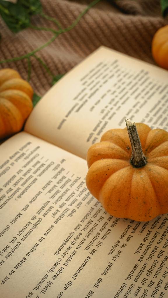 An open book with text pages and a small orange pumpkin placed on top, surrounded by cozy textiles.