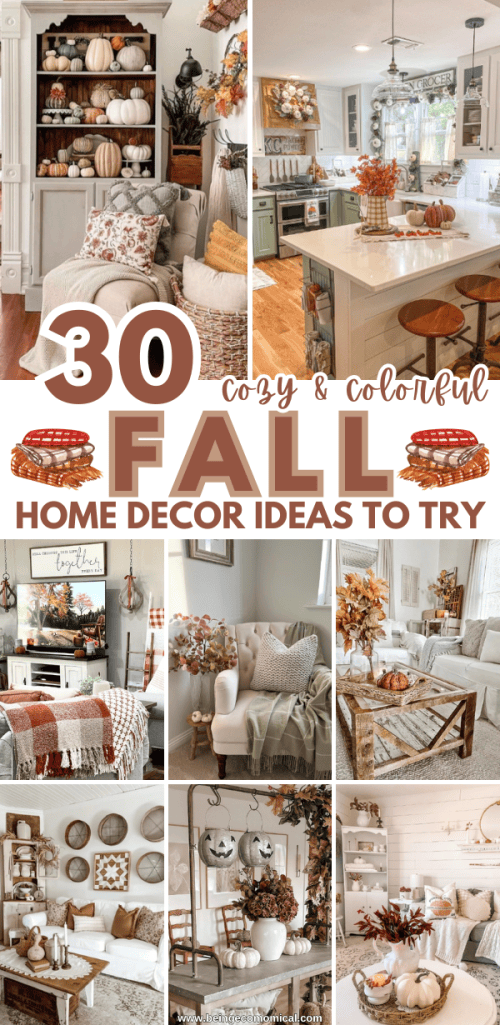 A collage of cozy and colorful fall home decor ideas featuring seasonal elements like pumpkins, warm textiles, and autumnal accents in various settings.