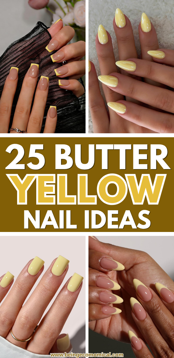 Four nail designs featuring butter yellow polish: yellow French tips on natural nails, glossy full yellow nails, solid yellow short nails, and yellow almond-shaped French tips on natural nails