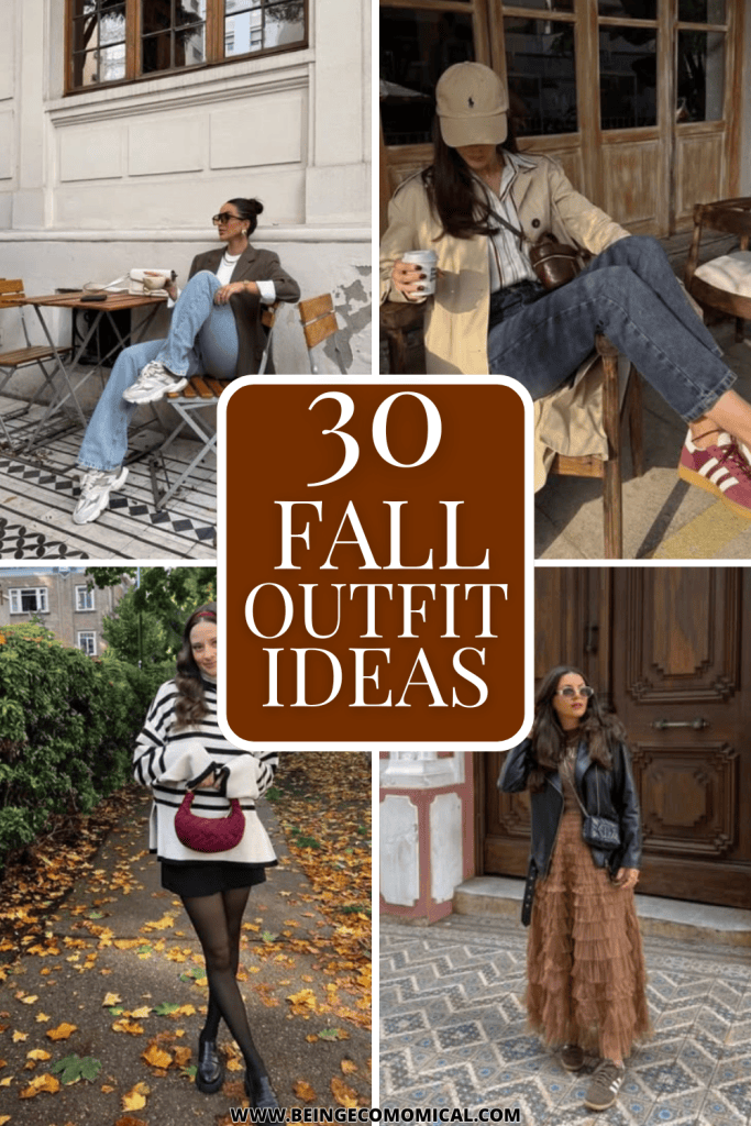 Collage of four stylish fall outfit inspirations featuring a woman at a café in light jeans and a sweater, another in a layered outfit with a hat, a chic look with a striped sweater and beret, and a playful maxi dress paired with a leather jacket.