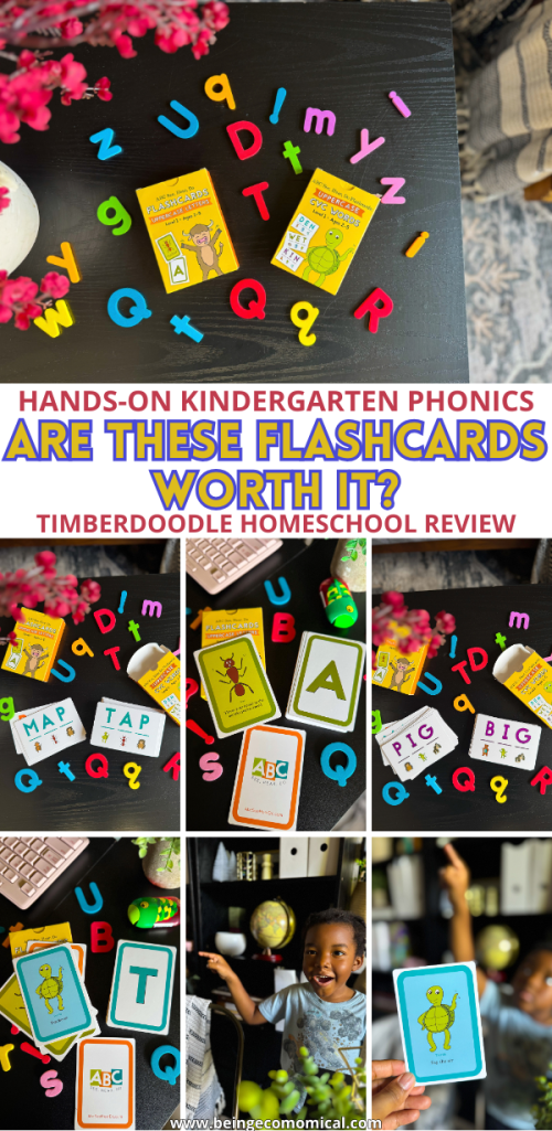 Colorful collage pin showing a young child using uppercase letter flashcards and CVC word cards for a hands-on kindergarten phonics activity, with text about a homeschool flashcard review.
