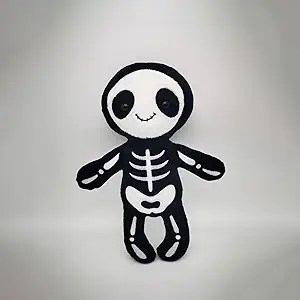 A cute plush doll designed to look like a skeleton with panda features, featuring a smiling face and black-and-white color scheme.