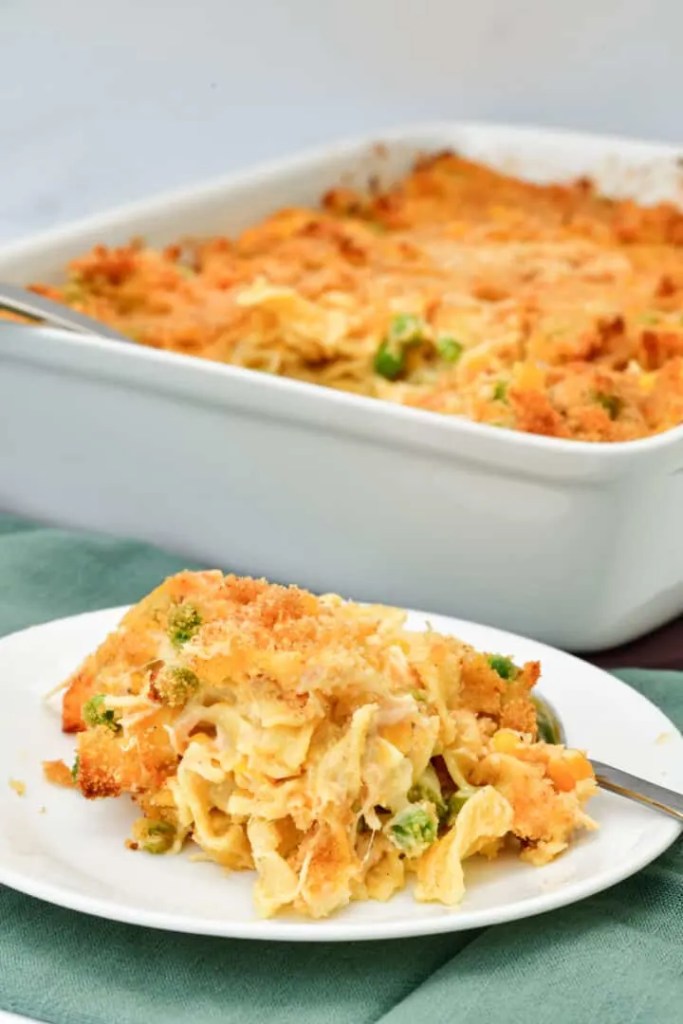 Chicken noodle casserole with creamy sauce and baked topping