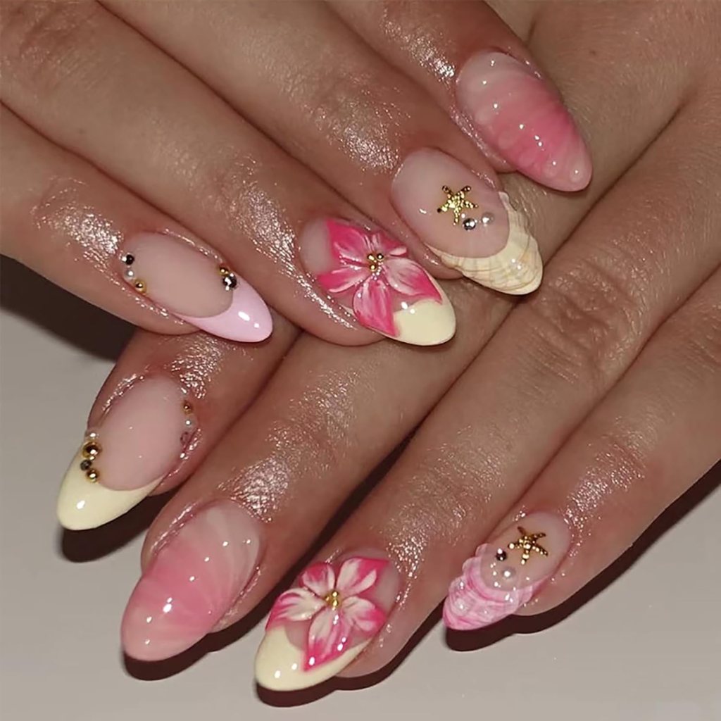 pink hibiscus beach nails with shell accent almond shape
