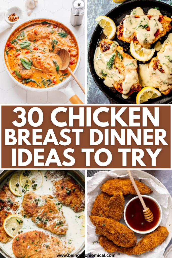 A collage of four chicken breast dishes, including creamy garlic chicken served with spinach, lemon-dill grilled chicken on a skillet, chicken in a creamy caper sauce with capers and lemon, and crispy chicken tenders served with honey.