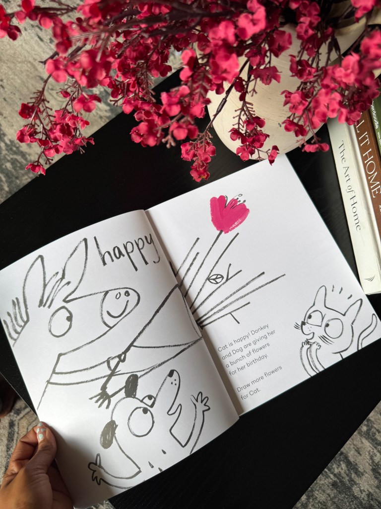 Inside Happy Sad Feeling Glad book with a drawing activity about identifying happy feelings.