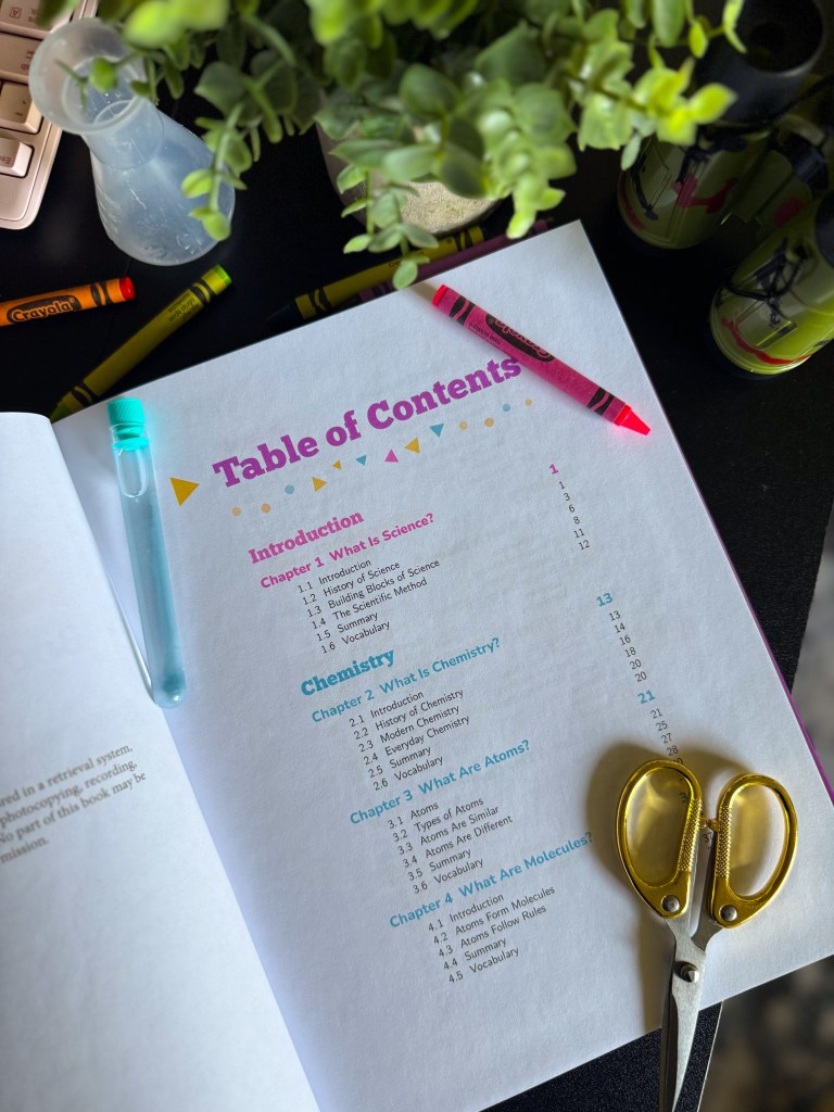 Real Science-4-Kids Book 1 table of contents covering chemistry, biology, physics, geology and astronomy