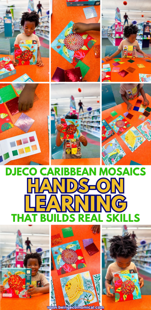 Djeco Caribbean Mosaics kindergarten art activity featuring number matching, fine motor practice, and colorful hands-on learning.