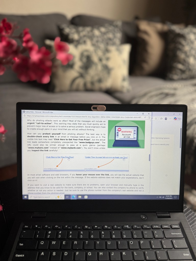 A close-up view of a laptop screen displaying a lesson on phishing attacks from a digital literacy course. The screen shows images and text about how to identify and protect against phishing scams, with visual examples of links to be cautious about. In the background, a cozy living room setting with floral cushions is visible.