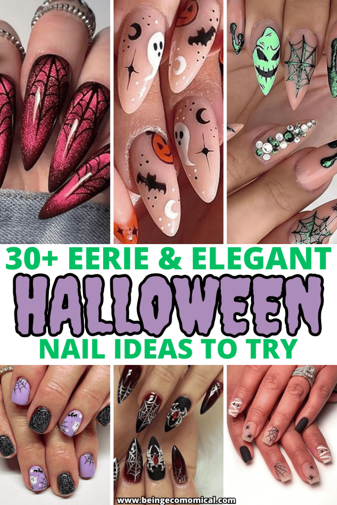 A collage of various Halloween-themed nail designs, featuring spider webs, ghosts, pumpkins, and spooky accents on different nail shapes and colors.