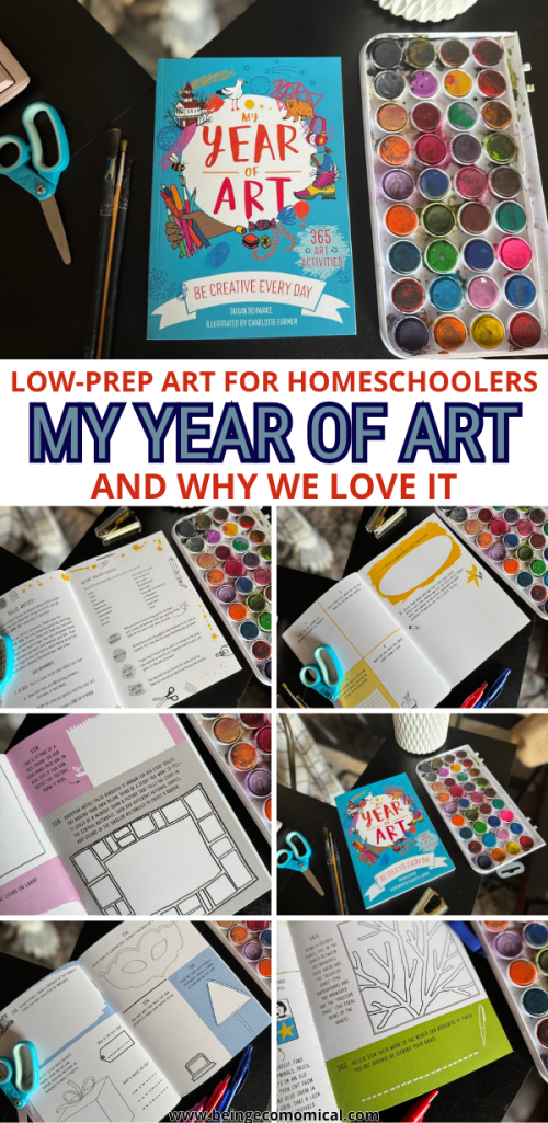 An art book titled 'My Year of Art' is displayed alongside scissors and watercolor paints, featuring pages with creative prompts for kids.